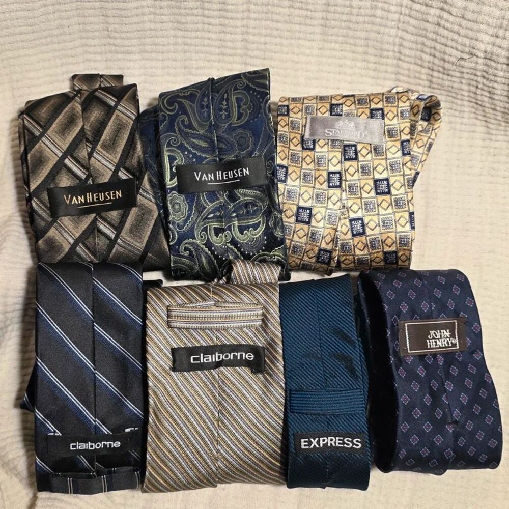 7pc Men's Tie Lot Van Heusen x2 Claiborne x2 Stafford Express John Henry